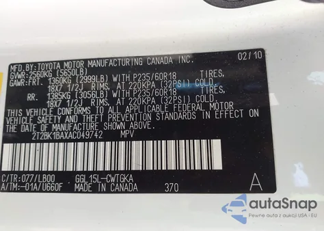2010 Lexus Rx 350 from USA, damaged, VIN 2T2BK1BAXAC049742